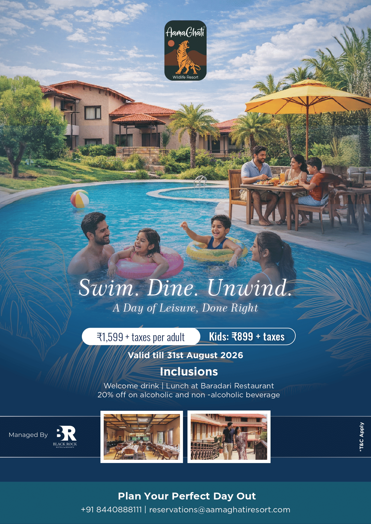 A promotional poster of Aamaghati Wildlife Resort showing families enjoying a swimming pool with children playing in inflatable rings while adults relax nearby, with a poolside dining setup and villa style buildings in the background.