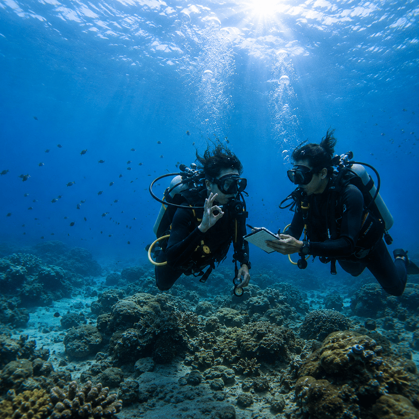 Two scuba divers exploring a coral reef underwater in clear blue Andaman waters.