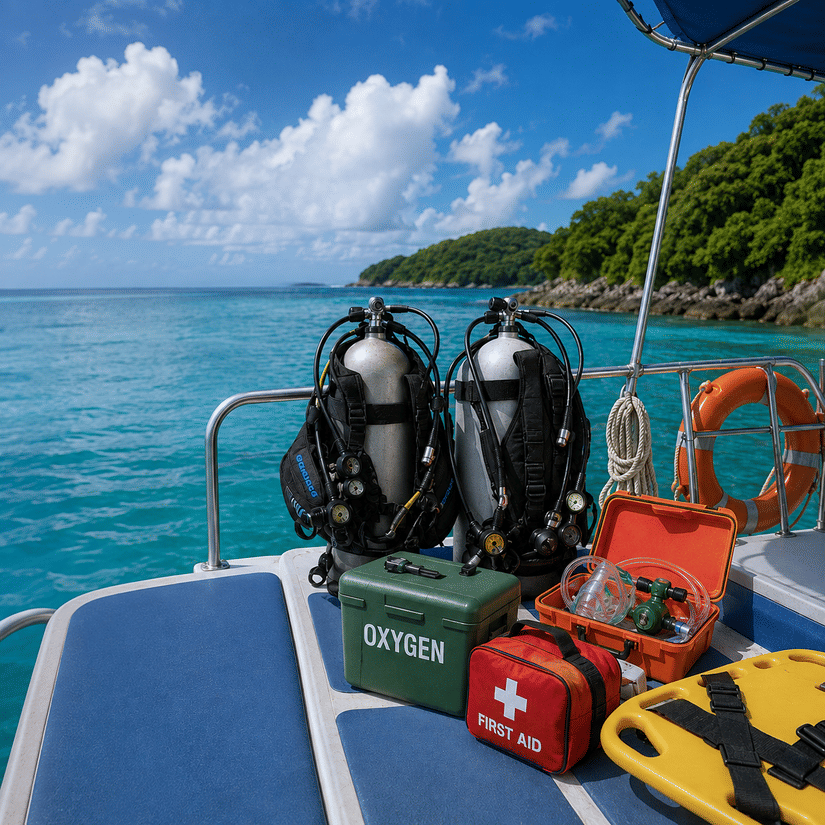 Scuba diving equipment, including tanks and gear, secured on a boat ready for a dive.