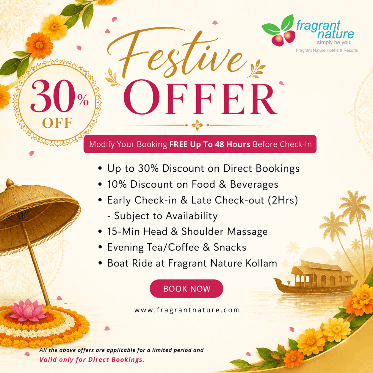 Fragrant Nature Hotels & Resorts Festive Offer banner highlighting 30% off direct bookings, with beach umbrella, houseboat, and floral decorations