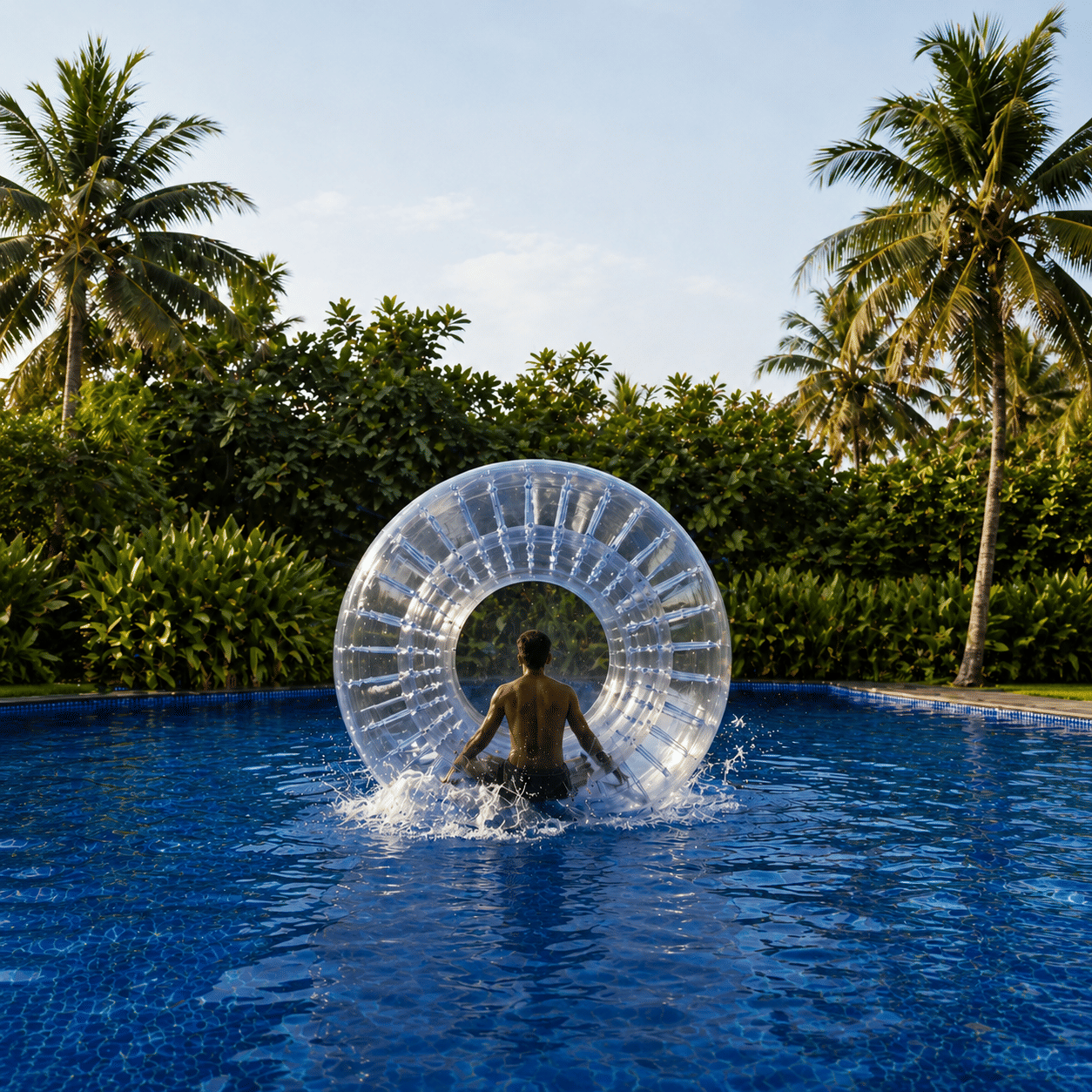 A person stands inside an inflatable zorb ball on the water of a swimming pool at MAYFAIR Palm Beach Resort, Gopalpur-on-Sea. Palm trees and hedges border the pool area.