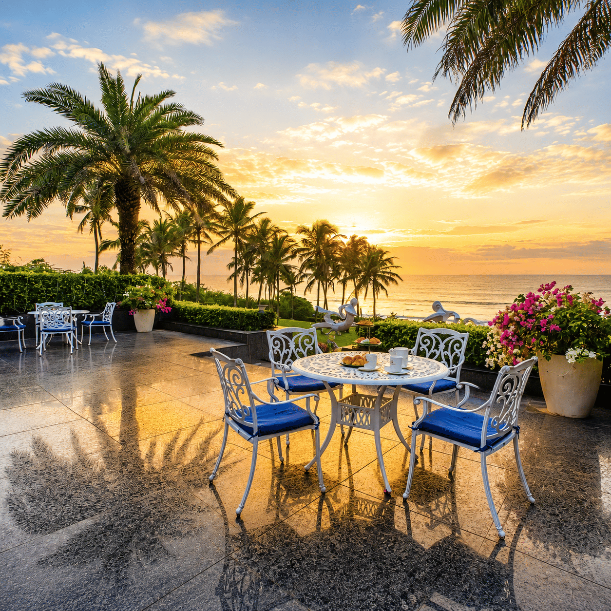 An outdoor seating area featuring sets of table and chairs in cluster setting with a view of palm trees sunset, and a sea.