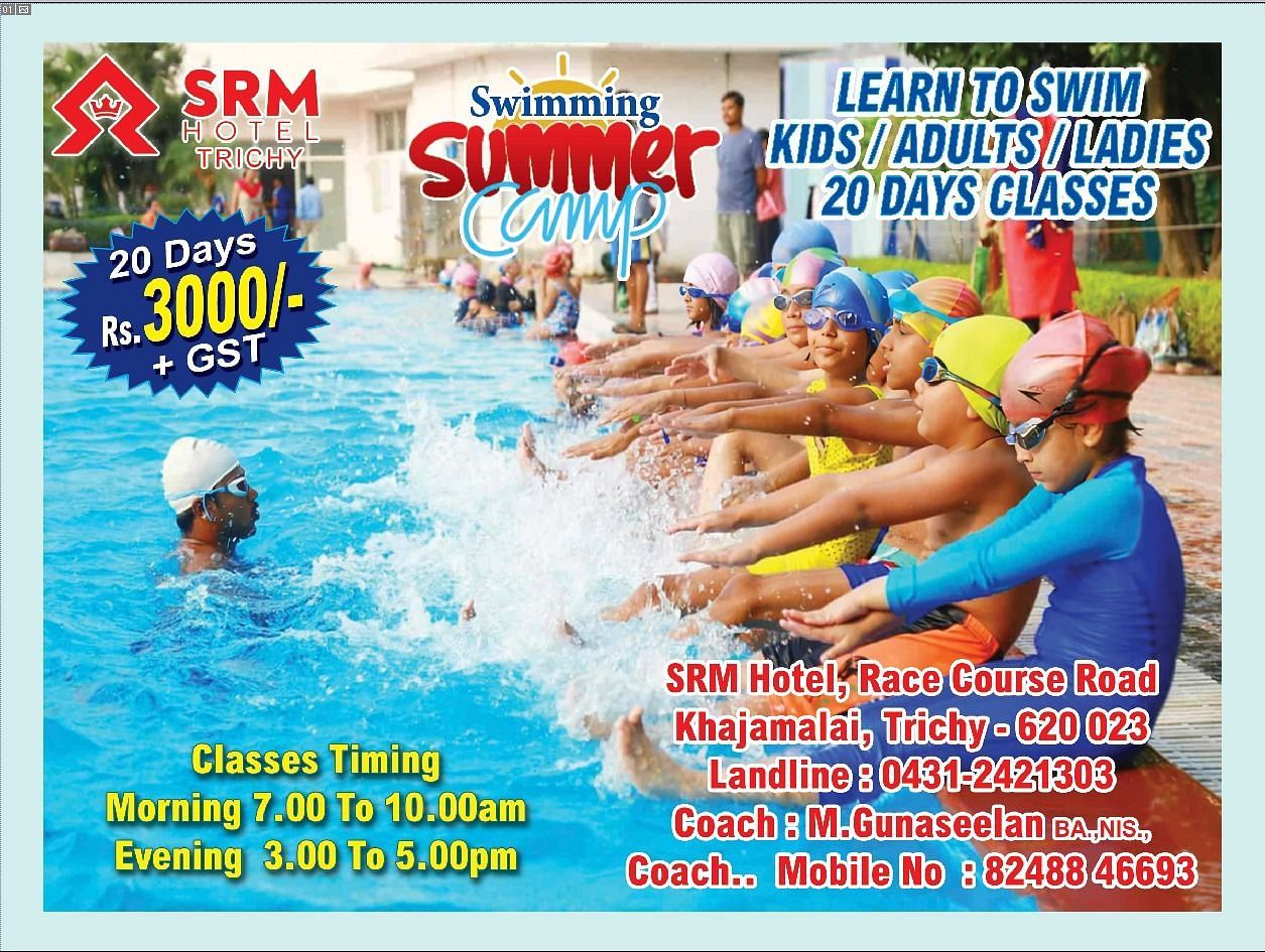 A promotional image for a swimming summer camp at SRM Hotel Trichy, showing children and adults in a pool learning to swim.