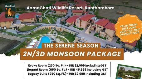 Aamaghati Resort 2N/3D Monsoon Package with room rates, inclusions, validity for July-Aug 2025, and cancellation policy details
