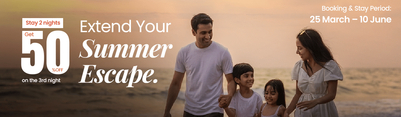 A promotional poster for 'Stay 4 nights get 50% off Summer Escape offer' at Lords Hotels and Resorts with a family of four enjoying beach sunset.