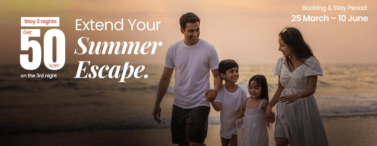 A promotional poster for 'Stay 4 nights get 50% off Summer Escape offer' at Lords Hotels and Resorts with a family of four enjoying beach sunset.