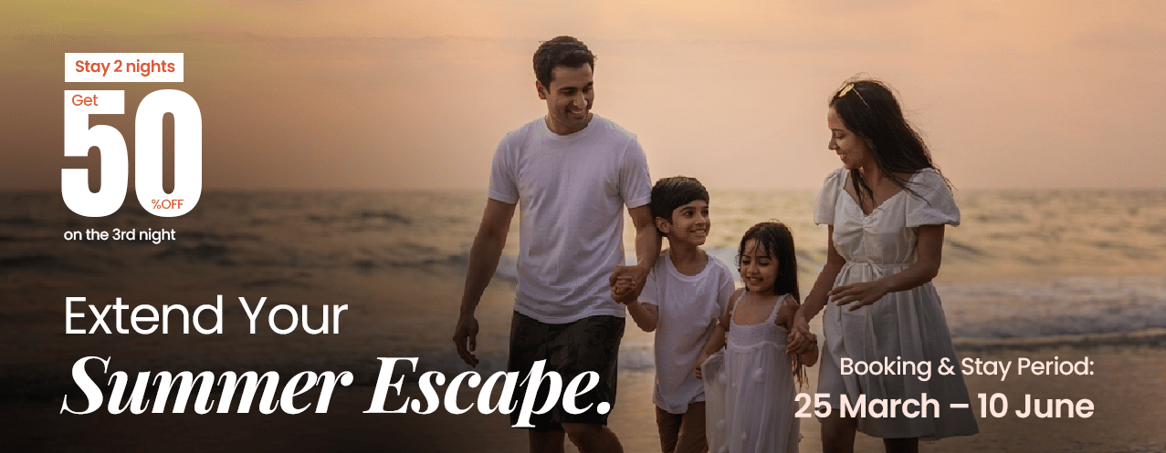 Family of four enjoying beach sunset - Stay 4 nights get 50% off Summer Escape offer at Lords Hotels and Resorts