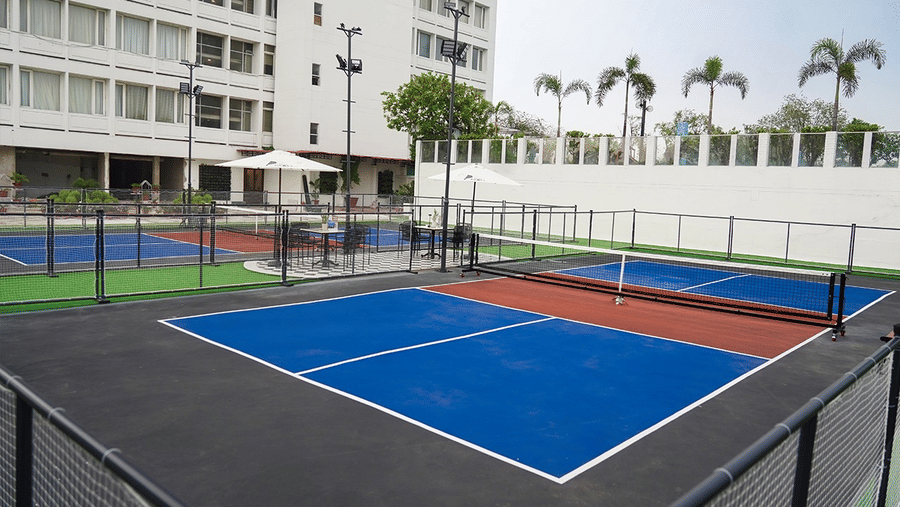 An outdoor sports court beside the hotel building with blue and red court markings, net fencing, and palm-lined boundaries at Clarks Avadh, Lucknow.