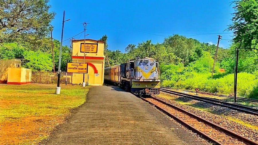 A train reaching the station with trees on one side and a road on the other side.