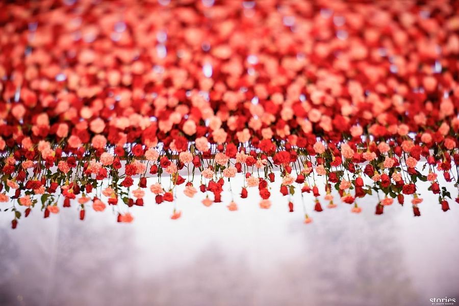 Close-up of hanging red flowers and petals used as decor for an outdoor event, creating a colourful and enchanting atmosphere at Black Thunder, Coimbatore