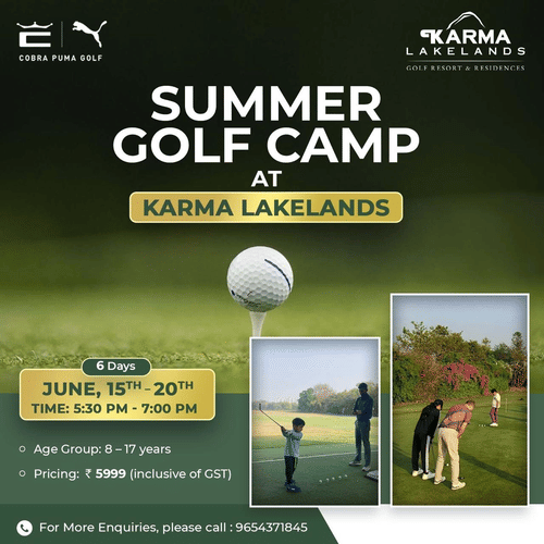 Summer Golf Camp promotional banner at Karma Lakelands featuring golf training sessions for children aged 8–17 years from June 15th–20th.