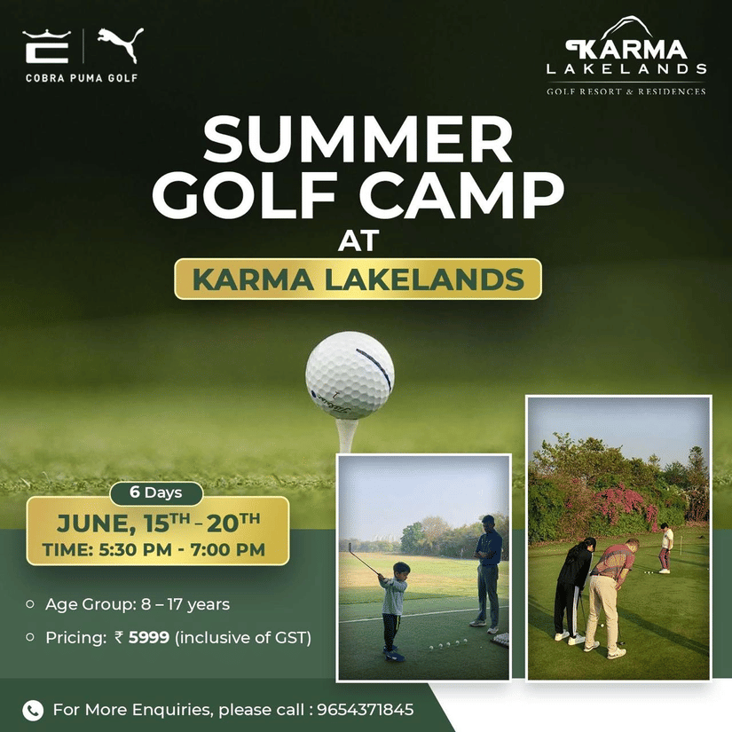 Summer Golf Camp promotional banner at Karma Lakelands featuring golf training sessions for children aged 8–17 years from June 15th–20th.