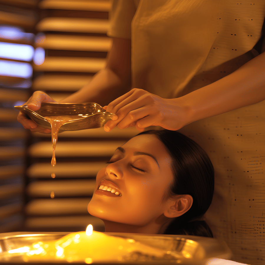 A woman getting ayurvedic treatment by a masseuse, staged in a golden tint