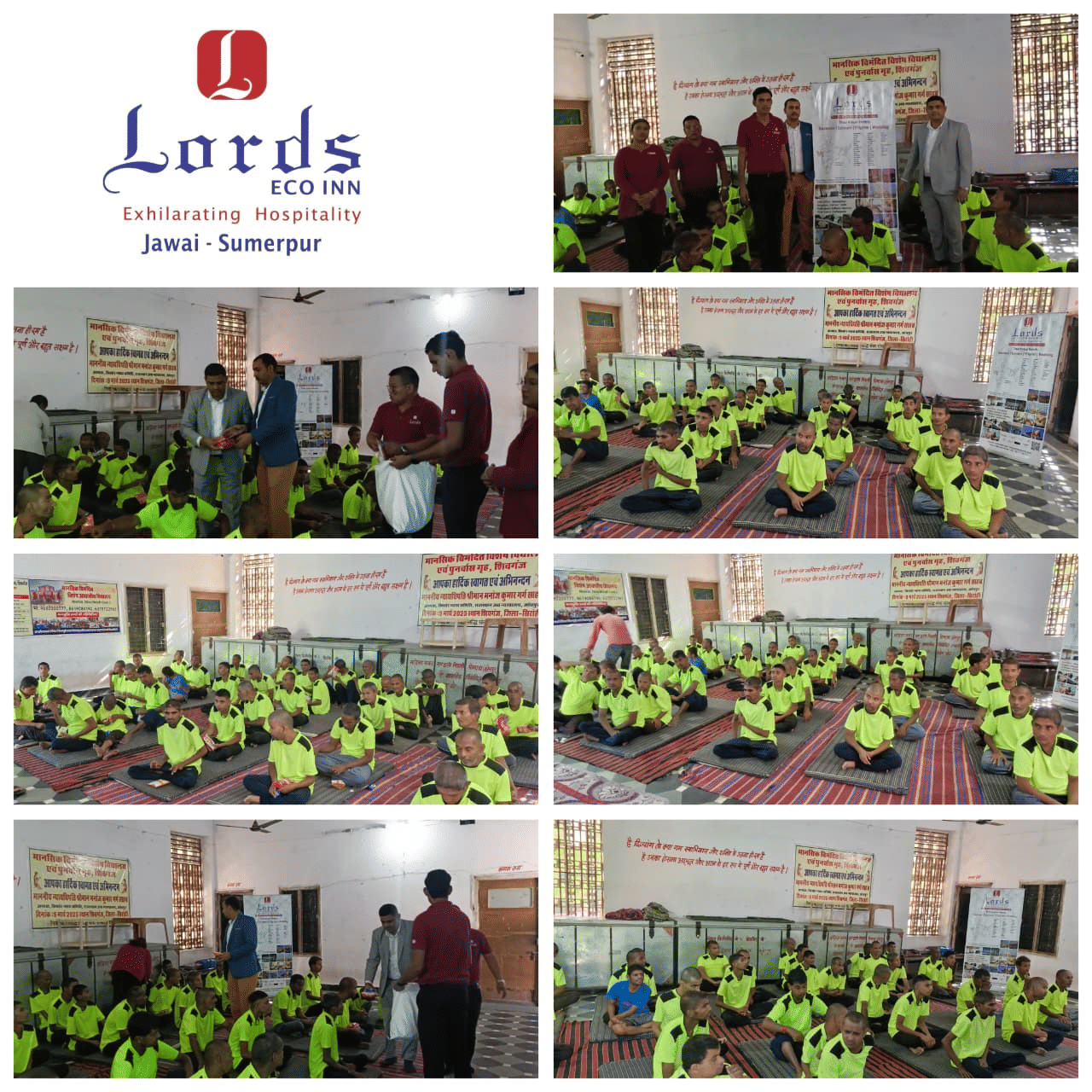 Collage of Lords Eco Inn staff distributing items and engaging with a large group of students in bright green uniforms seated in a classroom setting during an outreach activity.
