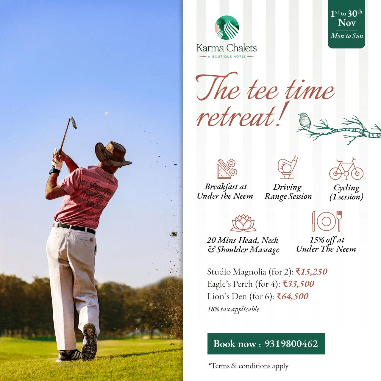 A creative of The Tee Time Retreat at Karma Chalets, featuring breakfast, cycling, a driving range session, and a relaxing head, neck, and shoulder massage.
