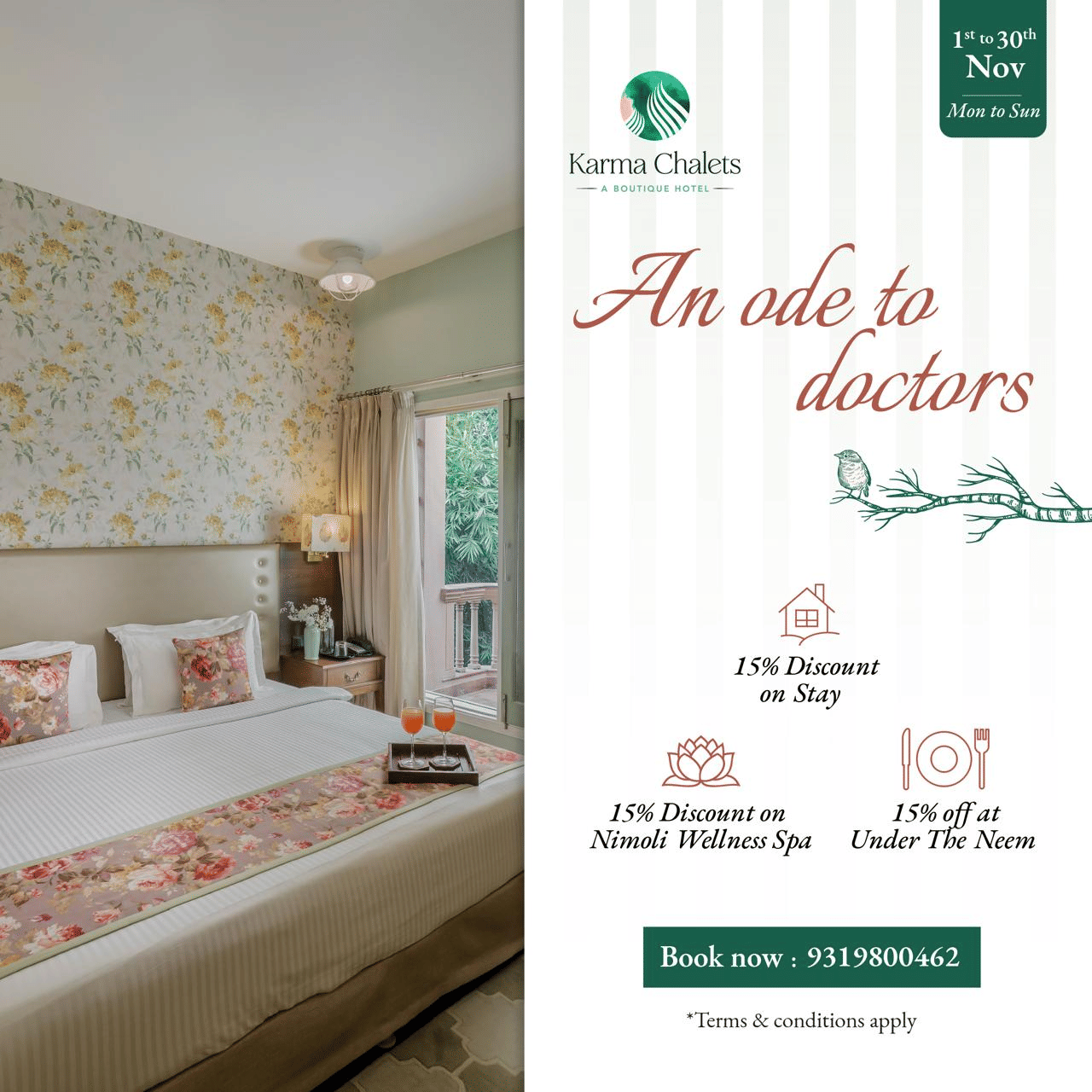 A creative of An Ode to Doctors at Karma Chalets, featuring 15% off on stay, Nimoli Wellness Spa treatments, and dining at Under The Neem.