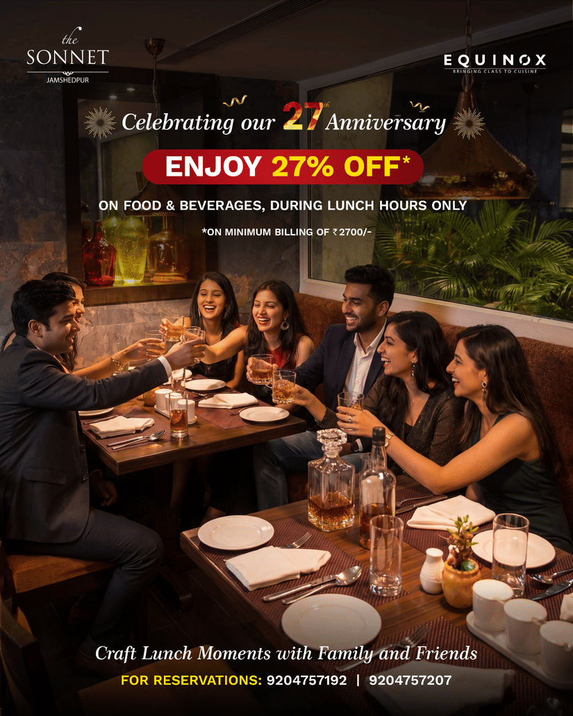 Friends and family raising a toast at Equinox restaurant, The Sonnet Jamshedpur, celebrating 27% off on food and beverages during the 27th Anniversary lunch offer