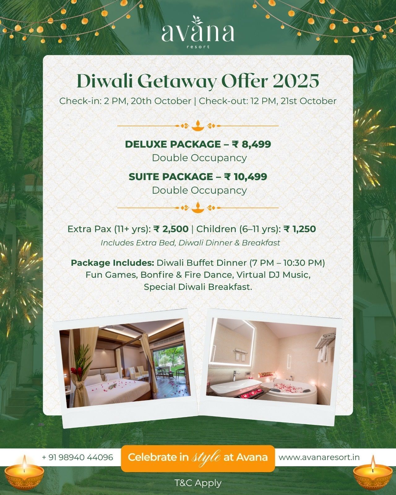 Avana Resort Diwali Getaway Offer 2025 poster featuring green background with golden lanterns, diya icons, room images, and package pricing.