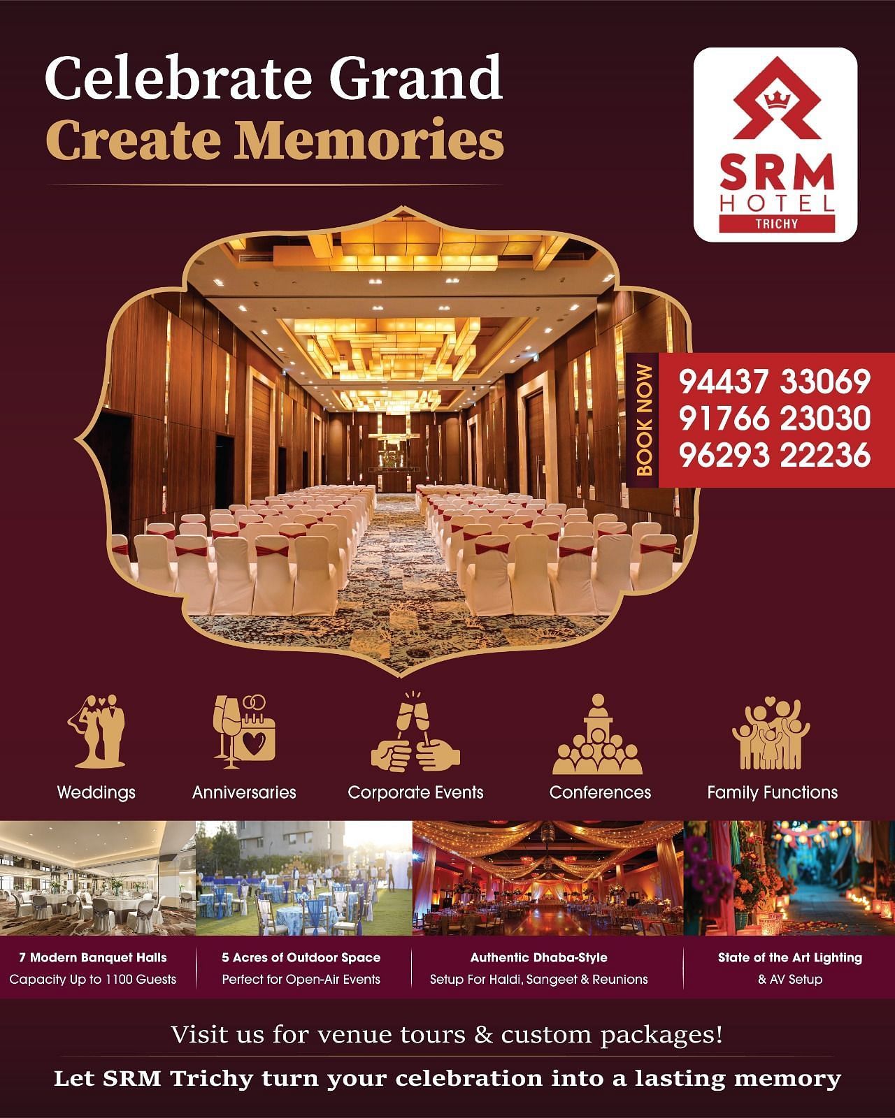 SRM Hotel Trichy luxury banquet hall promotion showcasing ornate golden dining room with chandelier, premium catering services and event booking information
