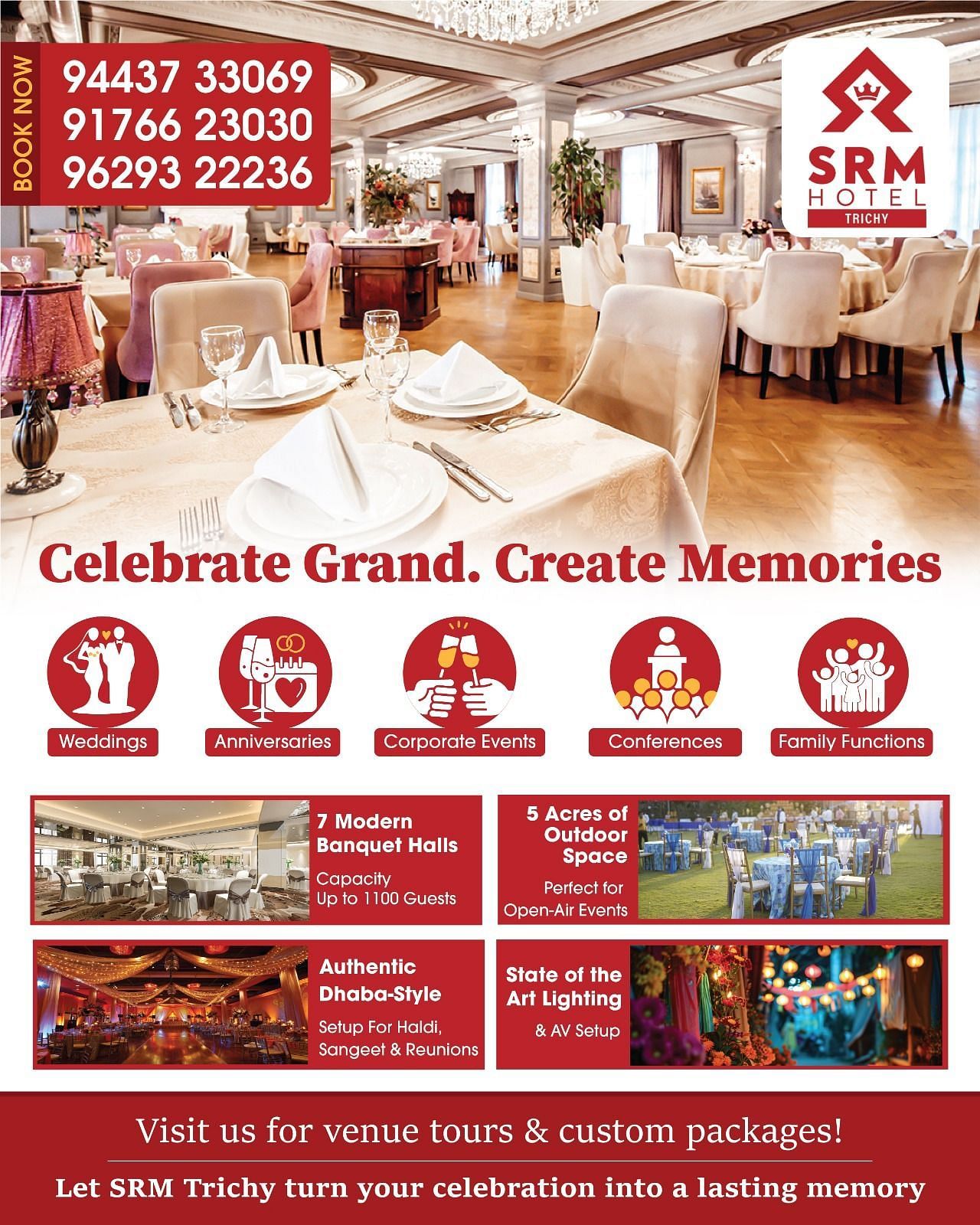 SRM Hotel Race Course Road Trichy grand opening celebration flyer featuring elegant dining hall, banquet facilities, and special offers with contact details