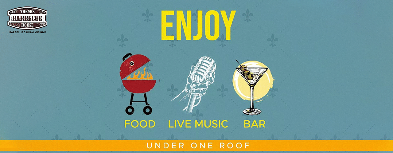 A creative image of advertising food, bar, and live music at Themis Barbecue House
