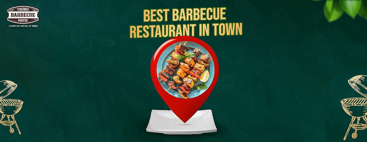 A  creative image a locator pin which has a grilled dish marked on a map at Themis Barbecue House