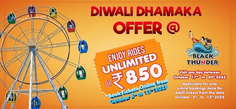 Diwali Dhamaka Offer at Black Thunder. The creative features a giant wheel and other rides under 850 rupees. Visit any day between 17th to 20th October 2025. 
