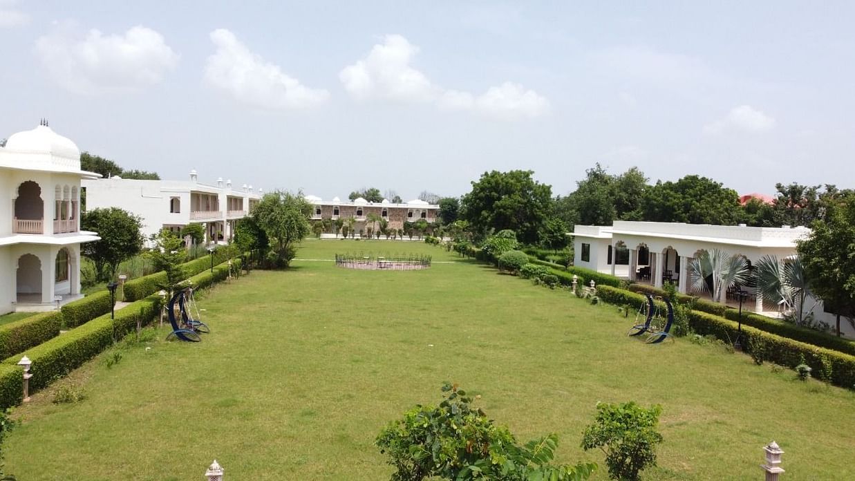 The spacious lawn doubles as an event venue in Ranthambore