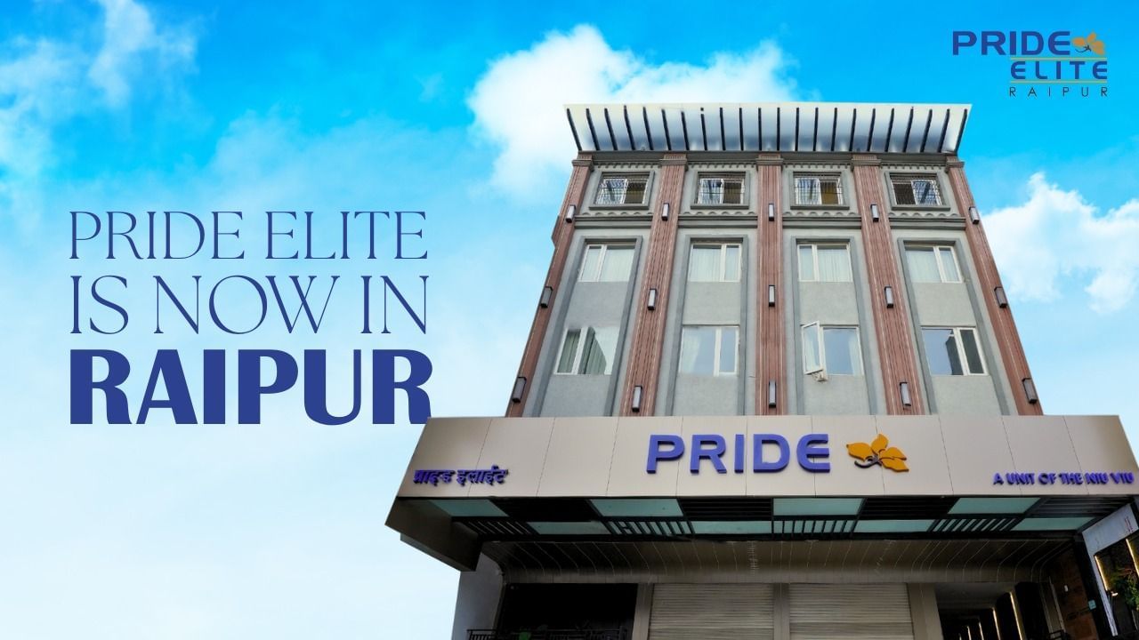 Facade of Pride Elite Raipur with cloudy sky in the background. 