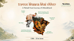 A promotional poster 'Tumun Khaana Khai Chho?' featuring traditional Uttarakhand cuisine and regional delicacies at Karma Lakelands.