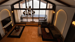 Loft-style living area with large windows and chandelier - Polo Cherrapunjee Resort