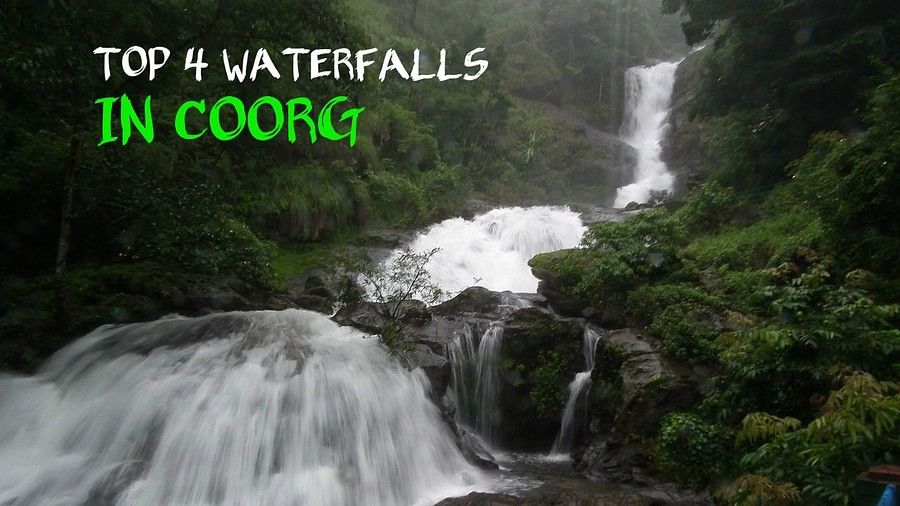 Poster of 'Top 4 Waterfalls in Coorg' with an image of a lush green waterfall.