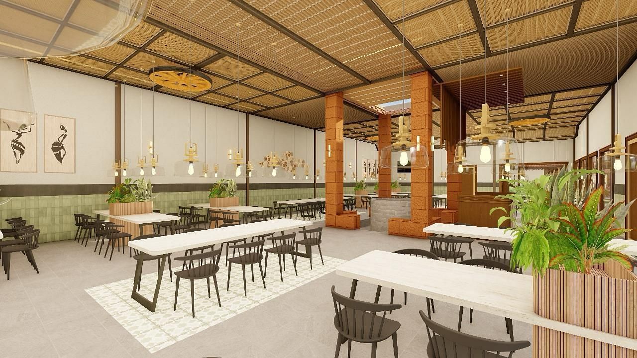Interior view of a dining area with tables and chairs under a high ceiling | Ayana Resorts & Convention, Hyderabad