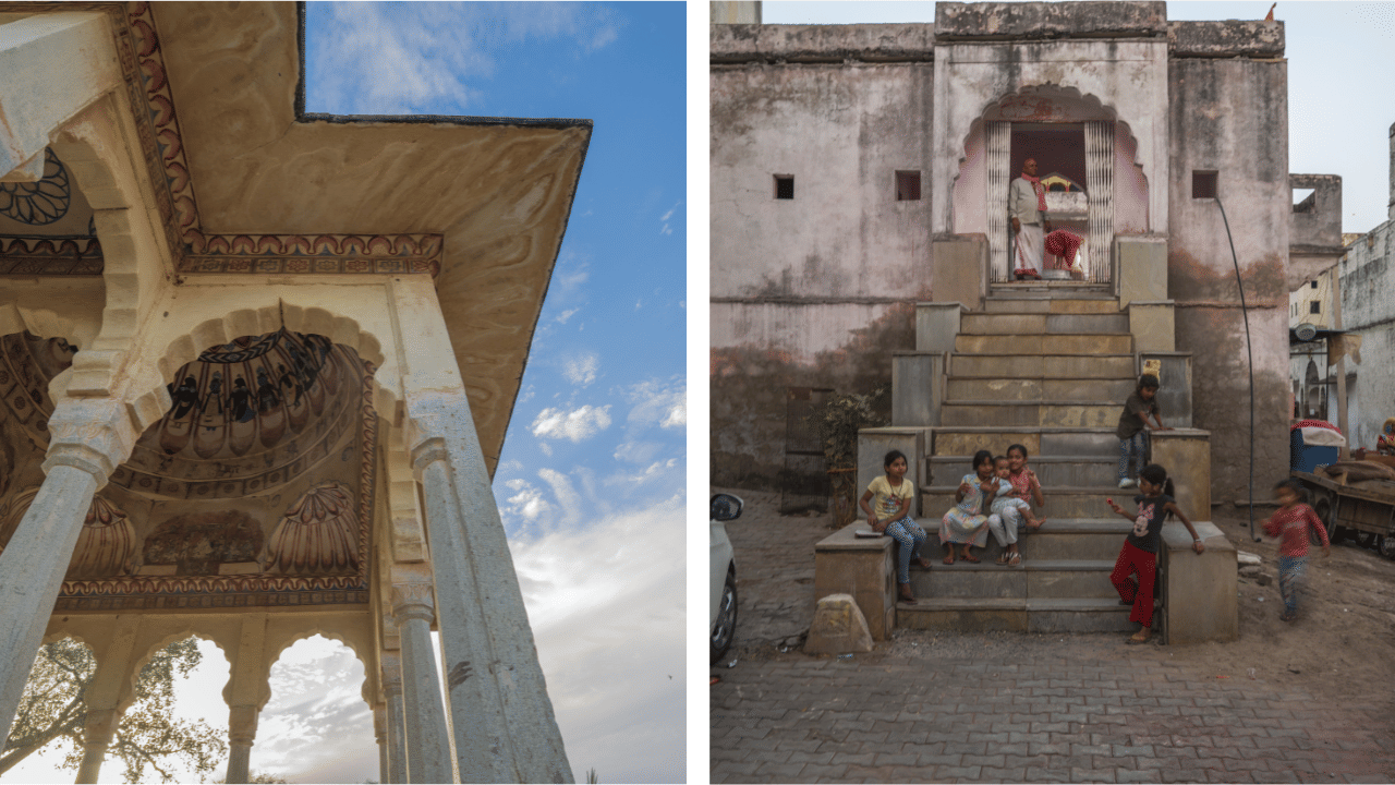 Side?by?side heritage structures, one showing an intricately carved pavilion roof with arches against the sky, the other a stone staircase leading up to an old building where people sit on the steps.