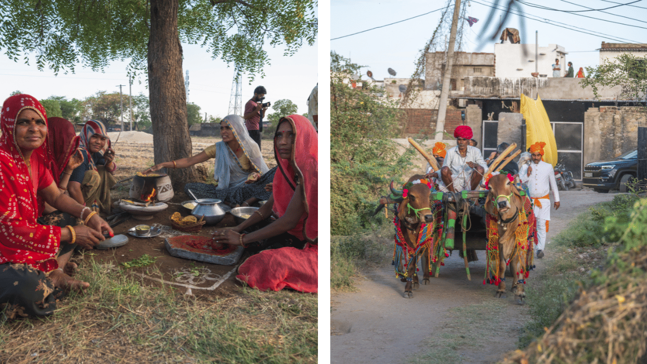 Side?by?side rural scenes, one of women in bright traditional attire sitting on the ground preparing food under a tree, and the other of men in turbans riding a decorated bullock cart through a village lane.
