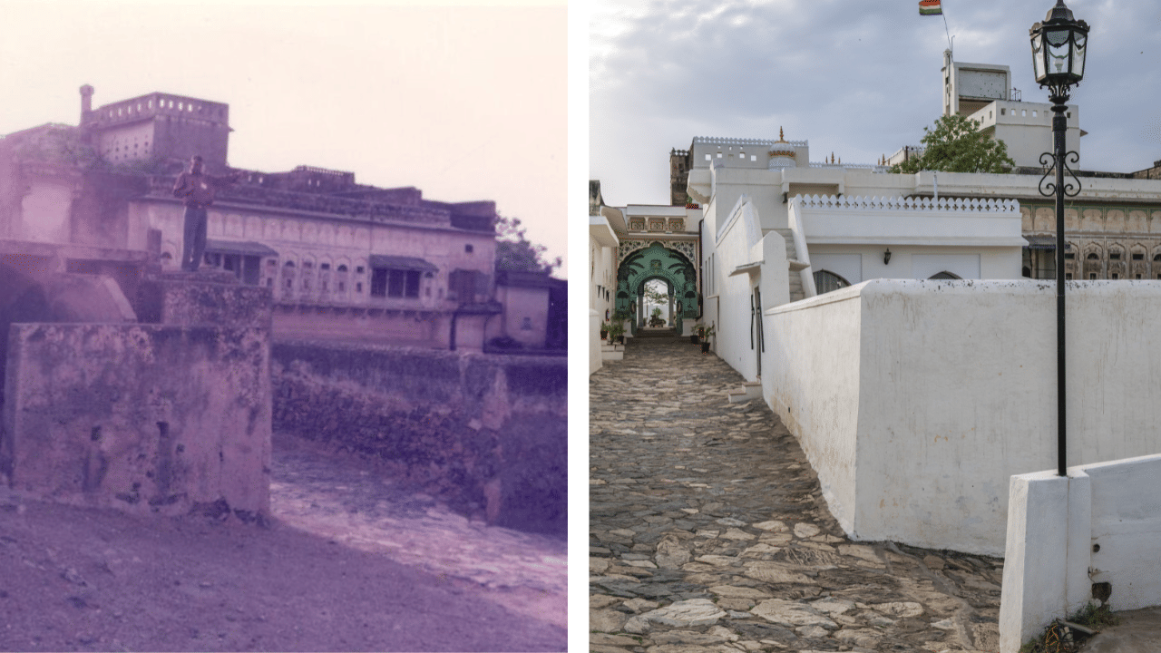 Stone?walled fort with historic architecture and rugged battlements under a pastel sky, leading into a whitewashed palace corridor with arched doorways, stone pathway, and a vintage-style lamppost alongside heritage buildings.