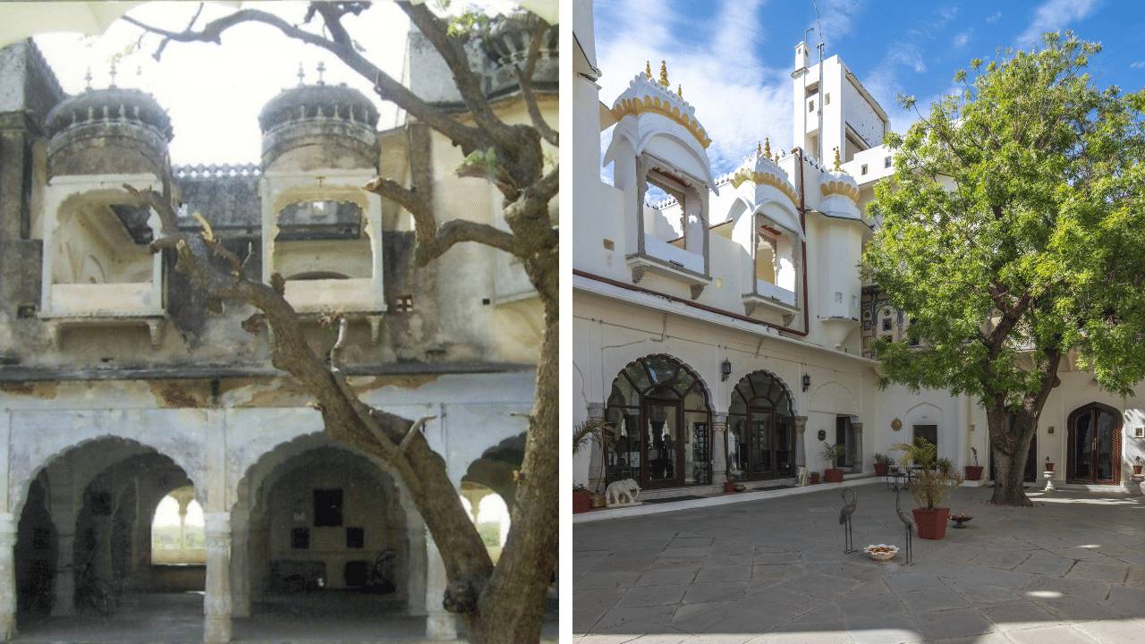 Side?by?side views of a historic palace courtyard, showing weathered arched balconies with an old tree in the foreground on the left and a restored arched façade with a large leafy tree and open paved courtyard under a bright blue sky on the right.