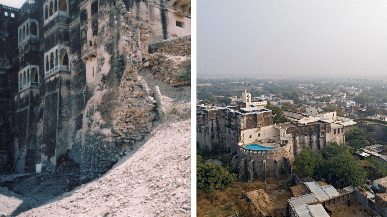 Steep stone fort wall overlooking a panoramic cityscape, transitioning to a palace exterior with multiple arched balconies and traditional domed pavilions set among lush greenery and bright skies.