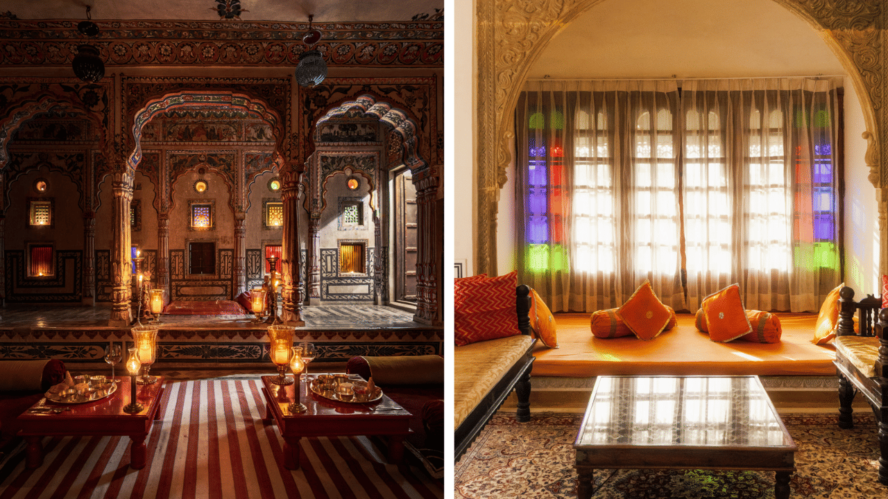 Side?by?side palace interiors, one a candlelit dining hall with ornate arches and lanterns, the other a cozy seating nook with cushions by a large window with colored glass panes