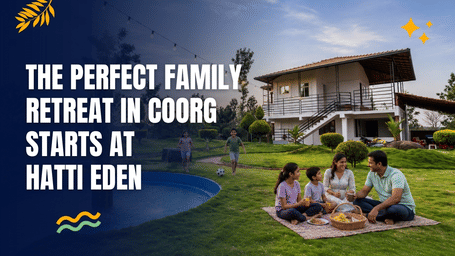 Family enjoying a picnic on lush lawns at Hatti Eden, Coorg, with a luxury villa and swimming pool in the background.