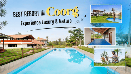 A promotional banner titled 'Best Resort in Coorg' featuring a large background photo of a swimming pool and 3 small inset photos of the resort grounds and guest activities at Hatti Eden.