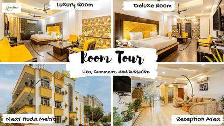 Promotional collage graphic showing a room tour of Lime Tree Hotels & Service Apartment Private Limited featuring the lobby, reception, and multiple room types.