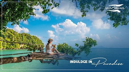 Woman traveller with scenic ocean and trees background and the text, Indulge in Paradise.