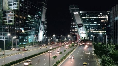 Night view of the illuminated multi-lane highway running through Cyber City, Gurgaon.