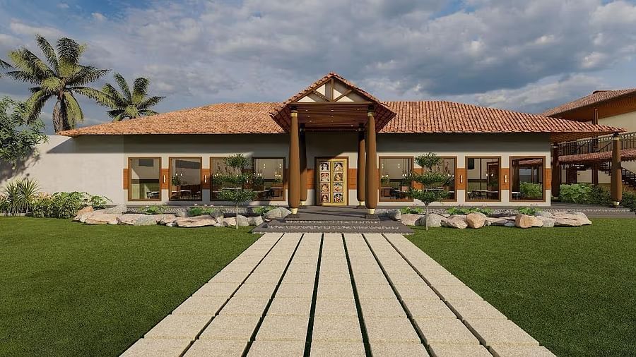 A resort building with a prominent entrance and a manicured lawn leading to it, set against a backdrop of palm trees and a cloudy sky - Ayana Resorts, Hyderabad.