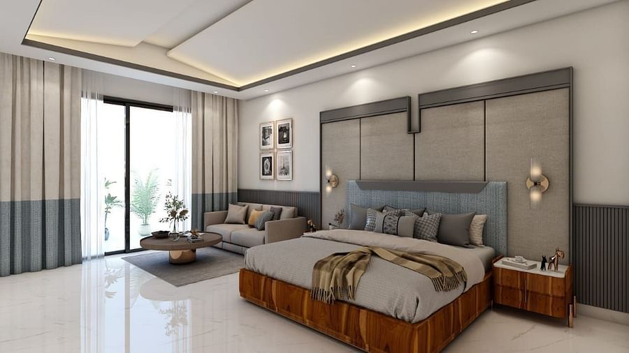 A beautiful room with ample of natural light coming from the huge french windows featuring a double bed in the room. - Namaste Corbett