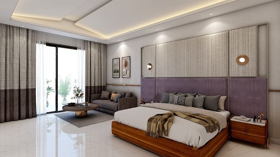 A beautiful room with ample of natural light coming from the huge french windows featuring a double bed in the room. - Namaste Corbett