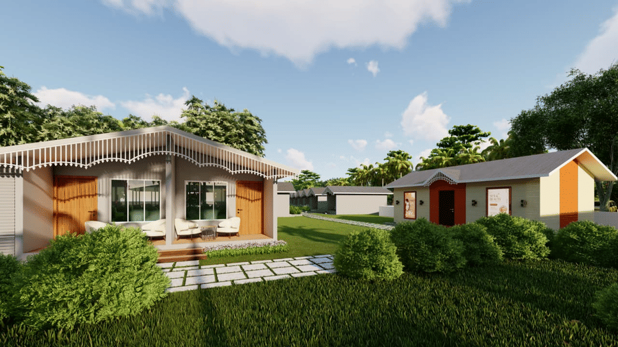 A modern house with a curving roof stands on a small lawn next to a pathway at Trishvam Palolem Beach Resort, Goa.