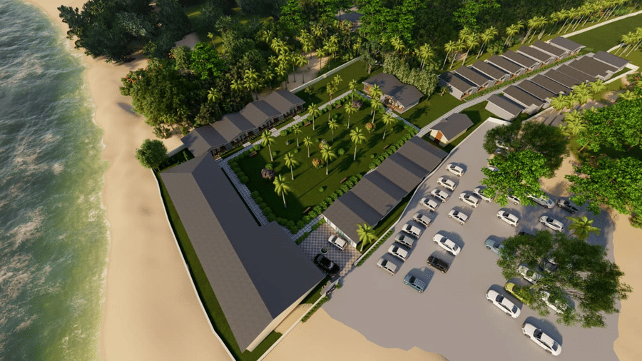An aerial view of Trishvam Palolem Beach Resort, Goa, near the beach with parking spaces surrounded by greenery.