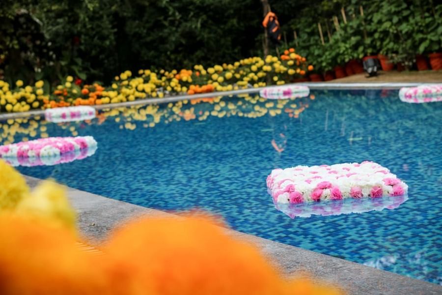 Pink and white pool floats in a swimming pool.